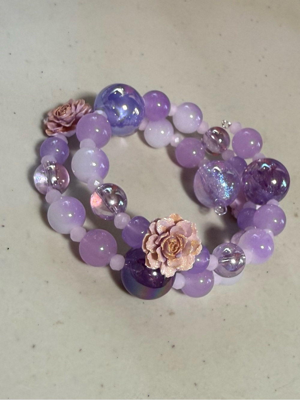Lavender Beaded Floral Stretch Bracelet - Purple
